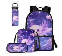 COEQINE Set di 4 bottiglie d'acqua e portapranzo per bambini, per viaggi, escursionismo, casual, regalo per il rientro a scuola, Axolotl Viola