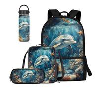 COEQINE Set di 4 bottiglie d'acqua e portapranzo per bambini, per viaggi, escursionismo, casual, regalo per il rientro a scuola, Delfino