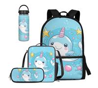 COEQINE Set di 4 bottiglie d'acqua e portapranzo per bambini, per viaggi, escursionismo, casual, regalo per il rientro a scuola, Cartone animato Narvalo Animale Kawaii Stelle