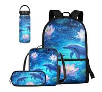COEQINE Set di 4 bottiglie d'acqua e portapranzo per bambini, per viaggi, escursionismo, casual, regalo per il rientro a scuola, Dolphin Lotus Floral