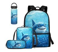 COEQINE Set di 4 bottiglie d'acqua e portapranzo per bambini, per viaggi, escursionismo, casual, regalo per il rientro a scuola, Squalo Cartone