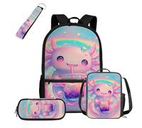 COEQINE Set di 4 zaini con portapranzo per bambini, borsa per laptop elementare per scuola con astuccio portachiavi portatile, Axolotl Boba arcobaleno pastello nuvola stellata, M, Casual