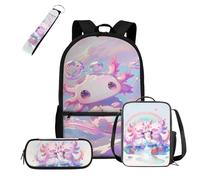 COEQINE Set di 4 zaini con portapranzo per bambini, borsa per laptop elementare per scuola con astuccio portachiavi portatile, Axolotl Rosa Viola Arcobaleno, M, Designer
