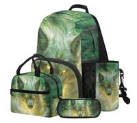 COEQINE Set di 4 zaini neri per ragazzi con portapranzo da 6-8 bambini con lupo zaino per ragazzi scuola elementare regali per il rientro a scuola, Verde lupo luminoso