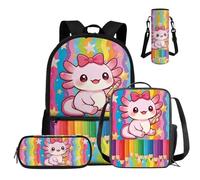 COEQINE Set di 4 zaini per bambini di terza e quarta elementare, con portapranzo, astuccio e custodia per bottiglia d'acqua, Axolotl - Penna a righe arcobaleno, M, Casual
