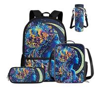 COEQINE Set di 4 zaini per bambini di terza e quarta elementare, con portapranzo, astuccio e custodia per bottiglia d'acqua, Lady Luna Floreale Blu Scuro Arte, M, Casual