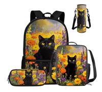 COEQINE Set di 4 zaini per bambini di terza e quarta elementare, con portapranzo, astuccio e custodia per bottiglia d'acqua, Gatto Nero Fiore di campo Arancio Nero, M, Designer