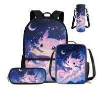 COEQINE Set di 4 zaini per bambini di terza e quarta elementare, con portapranzo, astuccio e custodia per bottiglia d'acqua, Axolotl Studing Viola Luna Nuvola Starry, M, Designer