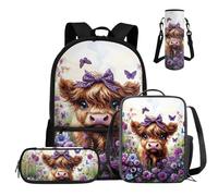 COEQINE Set di 4 zaini per bambini di terza e quarta elementare, con portapranzo, astuccio e custodia per bottiglia d'acqua, Fiocco viola Highland Cow Floreale, M, Designer