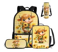 COEQINE Set di 4 zaini per bambini di terza e quarta elementare, con portapranzo, astuccio e custodia per bottiglia d'acqua, Girasole beige mucca Highland, M, Casual