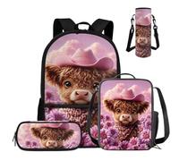 COEQINE Set di 4 zaini per bambini di terza e quarta elementare, con portapranzo, astuccio e custodia per bottiglia d'acqua, Highland Cow - Cappello da cowboy, colore: Rosa, M, Designer