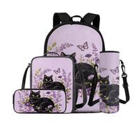 COEQINE Set di 4 zaini per bambini di terza e quarta elementare, con portapranzo, astuccio e custodia per bottiglia d'acqua, Farfalla viola lavanda gatto nero, M, Casual
