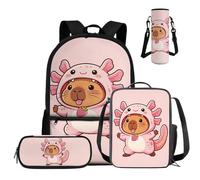 COEQINE Set di 4 zaini per bambini di terza e quarta elementare, con portapranzo, astuccio e custodia per bottiglia d'acqua, Capybara Rosa Axolotl Costume Carino, M, Designer