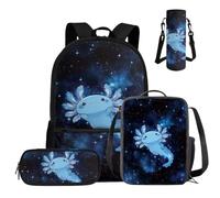 COEQINE Set di 4 zaini per bambini di terza e quarta elementare, con portapranzo, astuccio e custodia per bottiglia d'acqua, Galassia stellata blu scuro Axolotl, M, Casual