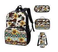 COEQINE Set di 4 zaini per la scuola per adolescenti, borsa a tracolla per scuola media, impermeabile, portapranzo e tracolla per bottiglia d'acqua, Stampa mucca girasole azteco