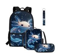COEQINE Set di 4 zaini per ragazze borsa per il pranzo e astuccio per matite 1 ° grado 17 "Laptop School Bookbag con portachiavi portatile, Axolotl Blu Scuro Ocean Wave, M, Designer