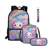 COEQINE Set di 4 zaini per ragazze borsa per il pranzo e astuccio per matite 1 ° grado 17 "Laptop School Bookbag con portachiavi portatile, Axolotl Arcobaleno Floreale Nu, M, Casual