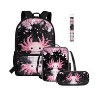 COEQINE Set di 4 zaini per ragazze borsa per il pranzo e astuccio per matite 1 ° grado 17 "Laptop School Bookbag con portachiavi portatile, Axolotl Rosa Cherry Blossom, M, Casual