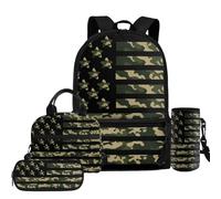COEQINE Set di 4 zaini per ragazzi con portapranzo e bottiglia d'acqua 4 6 8 10 bambini scuola media set per viaggi escursionismo zaino, Bandiera Americana Verde Camo