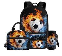 COEQINE Set di 4 zaini per ragazzi con portapranzo e portabottiglie per bambini 6 8 10 set di borse per la scuola media per viaggi ed escursioni, 3d Calcio Fuoco Nero