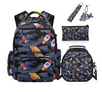 COEQINE Set di 5 zaini da auto con portapranzo per ragazzi e bambini, set di borsa per la scuola di prima elementare con astuccio portachiavi, Rocket Space Blue Camo, M, Designer