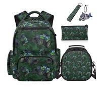 COEQINE Set di 5 zaini da auto con portapranzo per ragazzi e bambini, set di borsa per la scuola di prima elementare con astuccio portachiavi, Trattore Auto Verde Camo, M, Designer