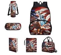 COEQINE Set di 6 zaini per ragazze e adolescenti, copertina per libri con animali, per bambini da 8 a 10 anni, con portapranzo e astuccio per l'acqua, Noi Bandiera Aquila Lady Liberty Vista Fredda,