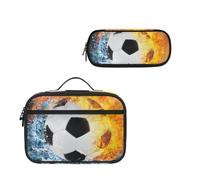 COEQINE Set di borse per il pranzo a tema calcio, per ragazzi di 4-6 anni, scuola materna, media, scuola media, astuccio con motivo 3D Fire Soccer con organizer per penne per compleanno scolastico