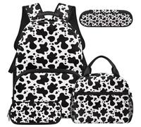 COEQINE Set di portapranzo per la scuola, per ragazze e bambini, borsa per libri da viaggio, borsa per la scuola media, astuccio per matite e posate carino, Stampa mucca nera classica