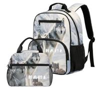COEQINE Set di zaino per il pranzo per bambine dai 4 agli 8 anni, set di 2 zaini personalizzati per asilo e pannolini, Lupo Grigio Neve, M, Designer