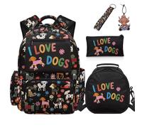 COEQINE Set zaino e portapranzo per ragazze, borsa da scuola con astuccio portachiavi, per libri elementari per picnic, 5 pezzi, I Love Dogs Cucciolo Nero, M, Designer