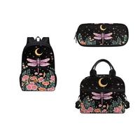 COEQINE Set zaino per 6-8 ragazze, con tracolla, portapranzo e astuccio, 3 pezzi, borsa portatile per il pranzo per le scuole medie superiori, Luna floreale libellula rosa
