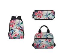 COEQINE Set zaino per 6-8 ragazze, con tracolla, portapranzo e astuccio, 3 pezzi, borsa portatile per il pranzo per le scuole medie superiori, Uccelli Estetici