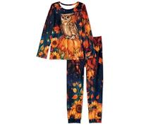 COEQINE Simpatico pigiama da donna con maniche lunghe e pantaloni lunghi, rosa pigiameria nighty 2 pezzi abbigliamento da salotto per la casa, XS-6XL, Girasole zucca gufo, S