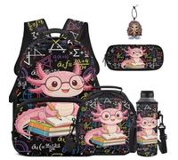 COEQINE Simpatico zaino Axolotl per bambini borsa da scuola con borsa per il pranzo borsa per bottiglia d'acqua astuccio portamatite portachiavi per studenti, Axolotl - Libro di matematica nero