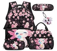 COEQINE Simpatico zaino per la scuola Axolotl con borsa per il pranzo per bambini, 5 pezzi, borsa per libri scolastici, portapenne, portaposate, Gelato Axolotl ai Fiori di Ciliegio Nero