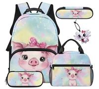 COEQINE Simpatico zaino per la scuola Axolotl con borsa per il pranzo per bambini, 5 pezzi, borsa per libri scolastici, portapenne, portaposate, Maiale con fiocco rosa colorato