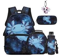 COEQINE Simpatico zaino per la scuola per bambini dai 6 ai 12 anni, borsa per libri, astuccio, portachiavi, custodia per bottiglia d'acqua, per studenti, 5 pezzi, Axolotl Blue Galaxy Starry