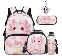 COEQINE Simpatico zaino per la scuola per bambini dai 6 ai 12 anni, borsa per libri, astuccio, portachiavi, custodia per bottiglia d'acqua, per studenti, 5 pezzi, Axolotl Rosa Cherry Blossom