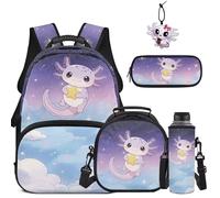 COEQINE Simpatico zaino per la scuola per bambini dai 6 ai 12 anni, borsa per libri, astuccio, portachiavi, custodia per bottiglia d'acqua, per studenti, 5 pezzi, Axolotl Viola Cielo Stella