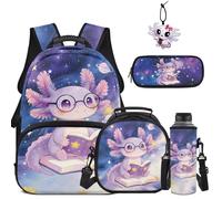 COEQINE Simpatico zaino per la scuola per bambini dai 6 ai 12 anni, borsa per libri, astuccio, portachiavi, custodia per bottiglia d'acqua, per studenti, 5 pezzi, Axolotl Galaxy Libro di lettura