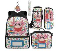 COEQINE Simpatico zaino per la scuola per bambini, set da 5 pezzi con portapranzo, astuccio portamatite, portachiavi, per adolescenti dai 6 ai 12 anni, Axolotl - Libro scolastico colorato, M, Designer
