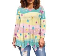 COEQINE Top da donna taglie forti farfalla multi boho floreale asimmetrico camicette casual girocollo maniche lunghe magliette S-6XL, Boho Floral Stripe Arcobaleno, XL