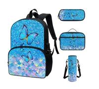 COEQINE Zaini prescolari per ragazze delle scuole medie con portapranzo e astuccio per matite, bottiglia d'acqua per ragazze dai 6 agli 8 anni, Blue Butterfly Fish Scale