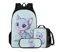 COEQINE Zaino 3 in 1 per bambini per scuola elementare 3th Garde, set di borse per libri con astuccio incluso, Animale gatto blu del fumetto