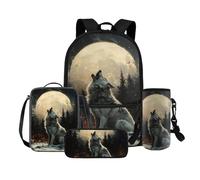 COEQINE Zaino 4 in 1 Lupo per Ragazze 4 6 8 10 12 Anni Scuola Elementare Bag Set Lunch Box Matita Scatola Portabottiglie Cinghia, Luna sotto il lupo