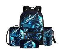 COEQINE Zaino 4 in 1 Lupo per Ragazze 4 6 8 10 12 Anni Scuola Elementare Bag Set Lunch Box Matita Scatola Portabottiglie Cinghia, Luna Lupo Blu