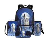 COEQINE Zaino 4 in 1 Lupo per Ragazze 4 6 8 10 12 Anni Scuola Elementare Bag Set Lunch Box Matita Scatola Portabottiglie Cinghia, Luna Blu Lupo Bianco