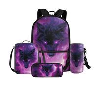 COEQINE Zaino 4 in 1 Lupo per Ragazze 4 6 8 10 12 Anni Scuola Elementare Bag Set Lunch Box Matita Scatola Portabottiglie Cinghia, Lupo rosa