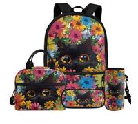 COEQINE Zaino 4 in 1 per bambine con portapranzo e custodia per bottiglia d'acqua 4 6 8 10 ragazze set di borse per bambini per escursioni, Gatti neri colorati floreali